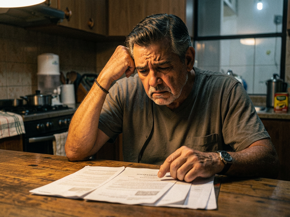 Homem preocupado analisando boletos e o contrato do financiamento