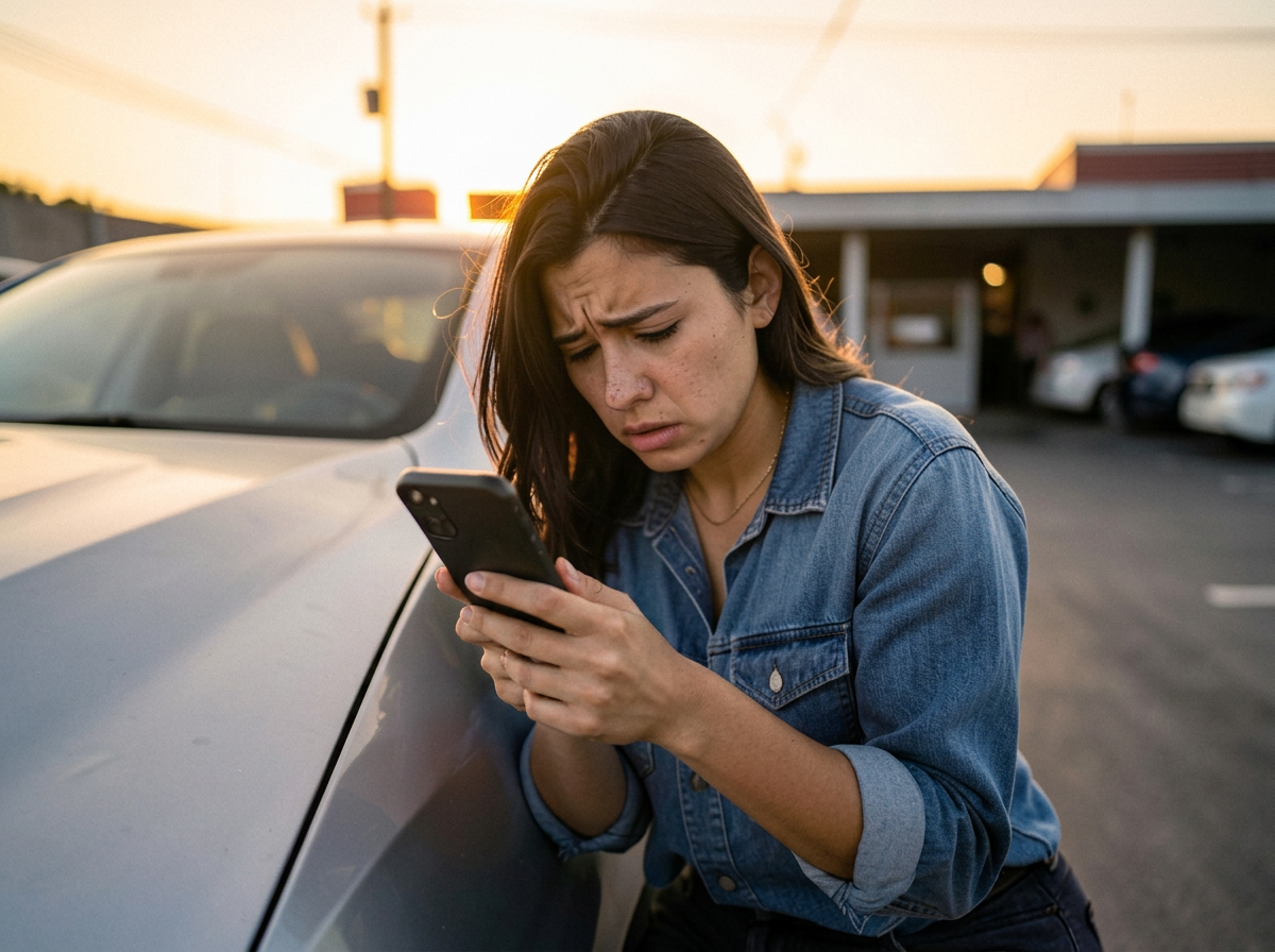 Mulher frustrada ao lado do carro olhando a parcela do financiamento no celular